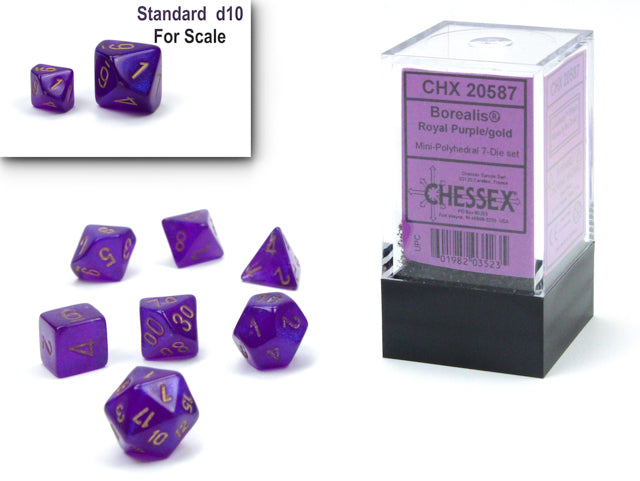 Chessex Mini-Polyhedral 7-Die Würfel-Set Glitter - Rubinrot/Gold