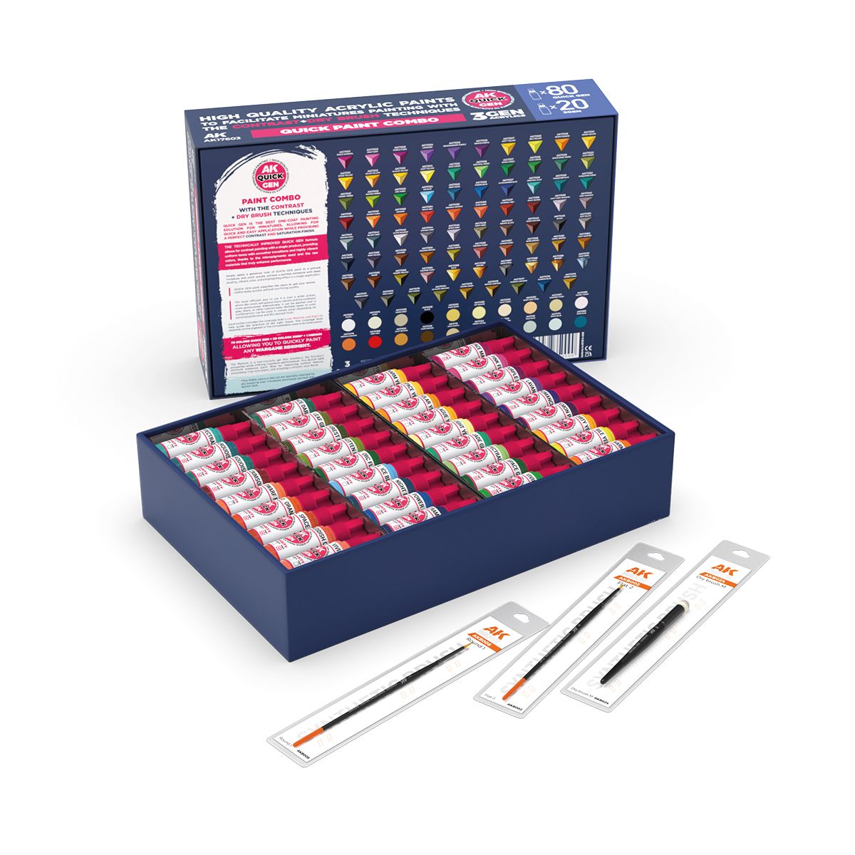 AK Interactive QUICK GEN Paint Combo Set 100 Colors (80 Quick Gen + 20 Acrylic 3GEN + 3 Pinsel)